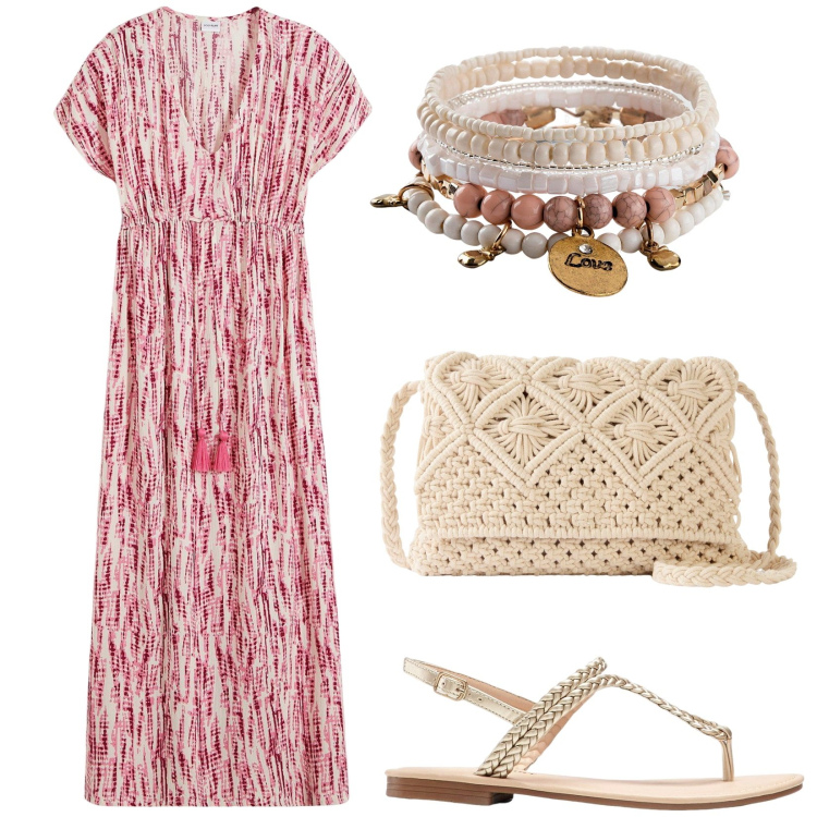 Outfit donna - Abito boho. Stile Boho per Mare. Abbinamento con vestiti lunghi, ciabatte, braccialetti, borse a tracolla.