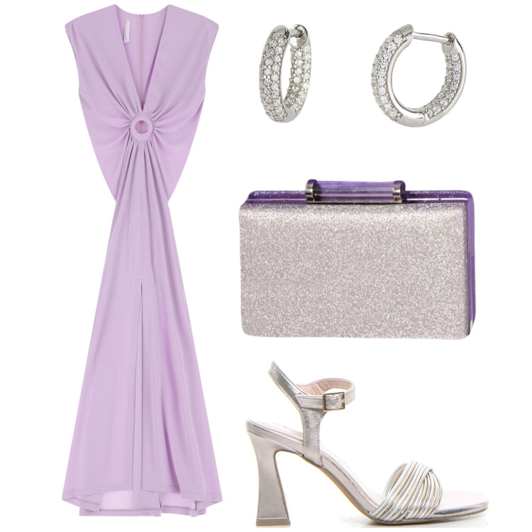 Outfit donna - Cena vista vare. Stile Glamour per Serata fuori. Abbinamento con vestiti lunghi, orecchini, pochette, sandali col tacco.