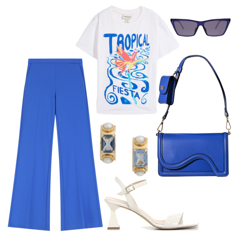 Outfit donna - Giugno. Stile Trendy per Tutti i giorni. Abbinamento con t-shirt, occhiali da sole, pantaloni, pochette, orecchini, sandali col tacco.