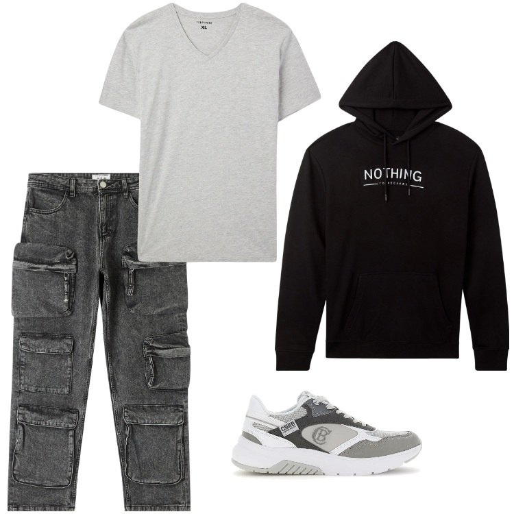 Outfit uomo - Total look #2184345. Stile Urban per Tutti i giorni. Abbinamento con t-shirt, jeans, felpe con cappuccio, sneakers.