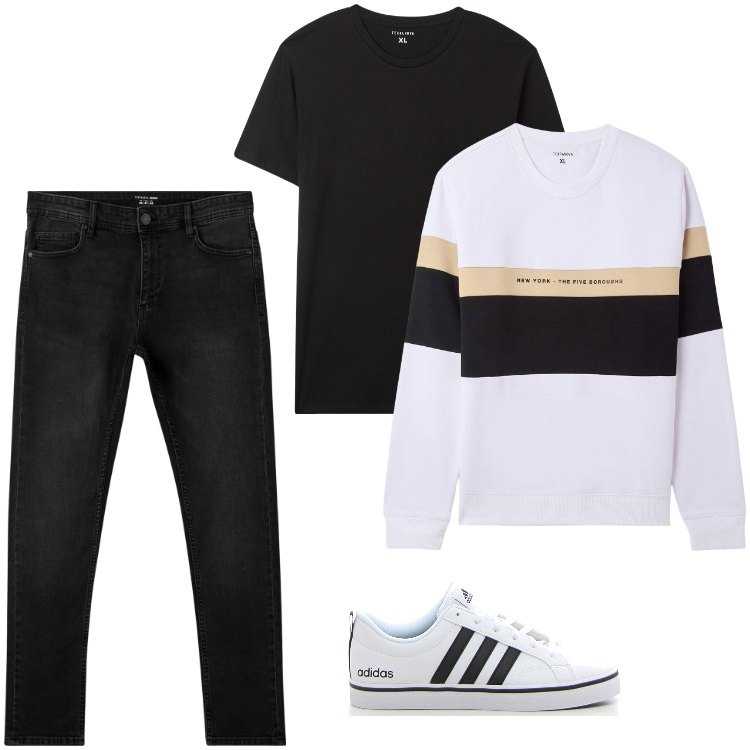 Outfit uomo - Total look #2184354. Stile Trendy per Tutti i giorni. Abbinamento con felpe con cappuccio, jeans skinny, t-shirt, sneakers.
