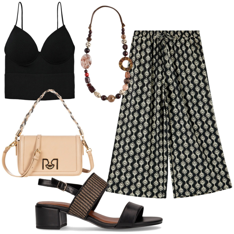 Outfit donna - Estate versatile. Stile Casual chic per Tutti i giorni. Abbinamento con top, pantaloni a palazzo, borse a tracolla, collane, sandali col tacco.
