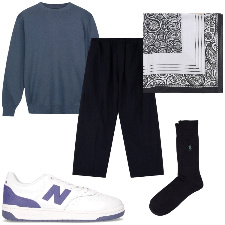 Outfit uomo - Total look #2184371. Stile Trendy per Ufficio. Abbinamento con pantaloni chino, sciarpe e foulard, calzini, maglieria, sneakers.