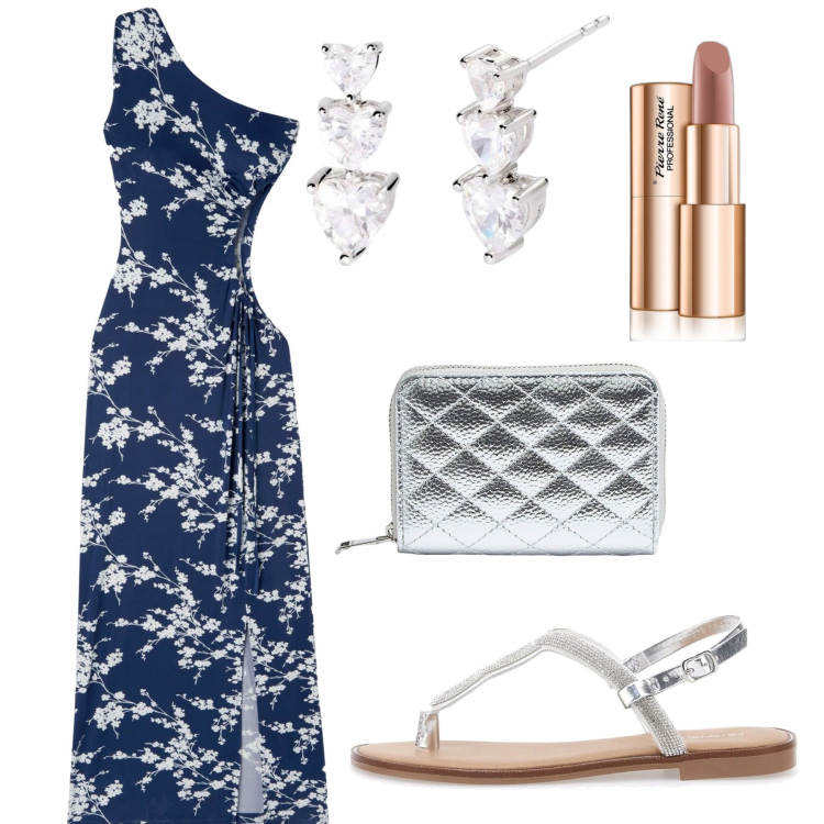 Outfit donna - Fiori bianchi. Stile Minimal per Tutti i giorni. Abbinamento con rossetti, vestiti asimmetrici, portafogli, orecchini, ciabatte.