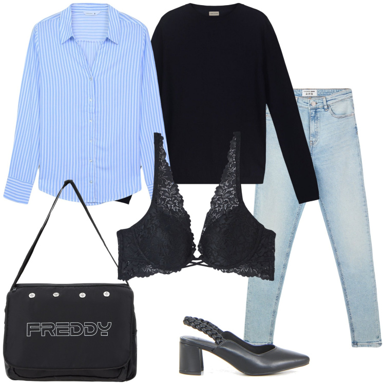Outfit donna - Città. Stile Urban per Tutti i giorni. Abbinamento con jeans skinny, reggiseni, camicie, borse messenger, décolleté, maglieria.