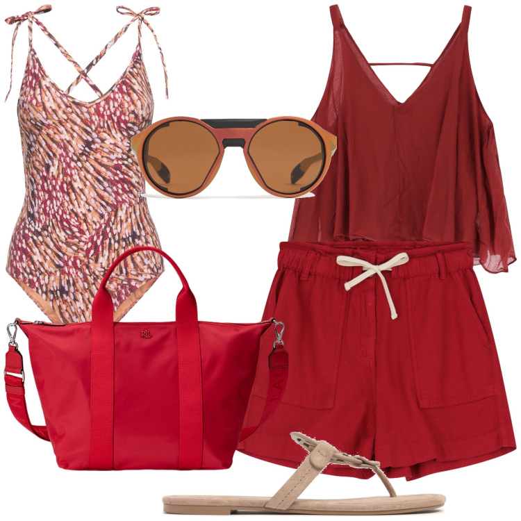 Outfit donna - Mare. Stile Glamour per Mare. Abbinamento con top, shorts, borse tote, occhiali da sole, ciabatte, costumi interi.
