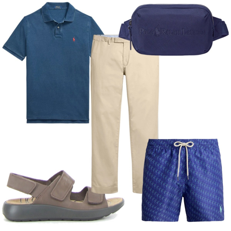 Outfit uomo - Total look #2184382. Stile Trendy per Mare. Abbinamento con pantaloni chino, costumi, borse sportive, polo, sandali.
