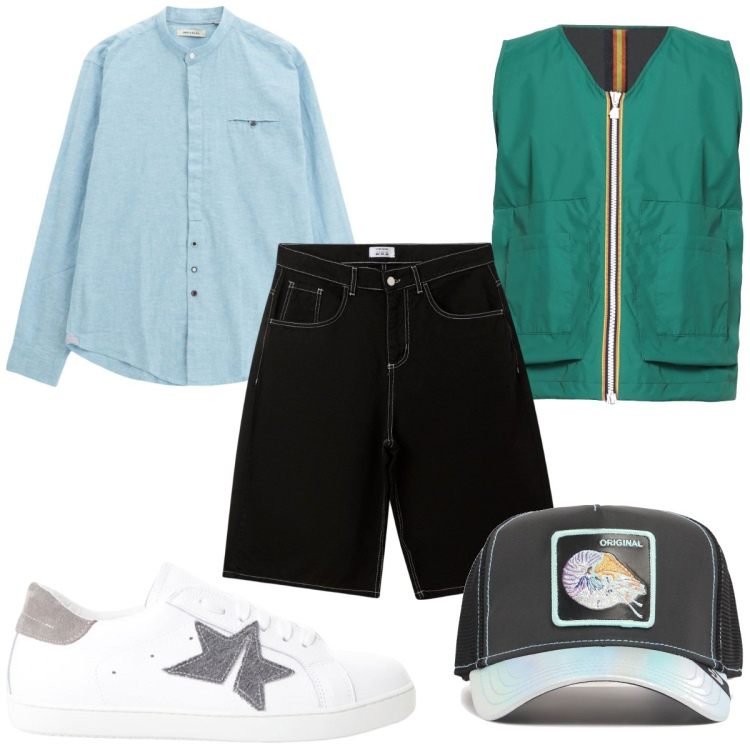 Outfit uomo - Total look #2184383. Stile Trendy per Tutti i giorni. Abbinamento con giacche, bermuda, sneakers, camicie, cappelli con visiera.