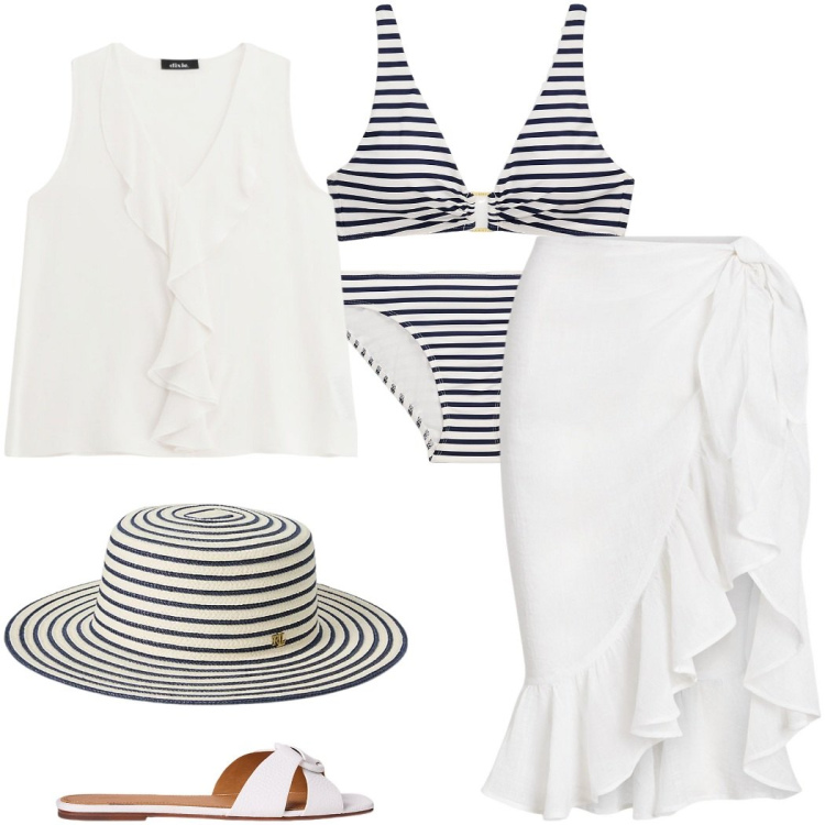 Outfit donna - Dixie a Positano. Stile Casual chic per Mare. Abbinamento con top, sandali in pelle, vestiti da spiaggia, cappelli, bikini, bikini.
