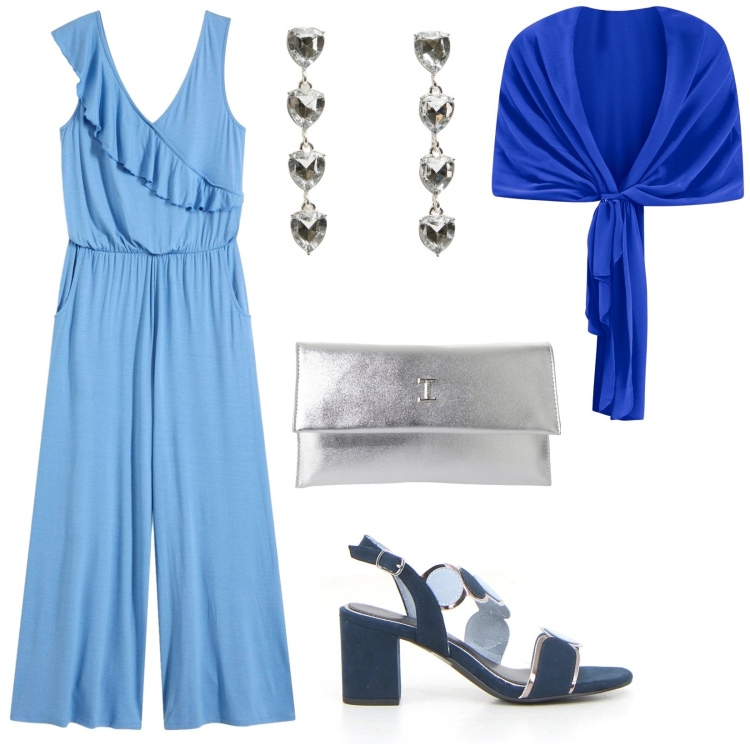 Outfit donna - Cerimonia in costiera. Stile Chic per Cerimonia. Abbinamento con tute, orecchini, scialli, pochette, sandali col tacco.