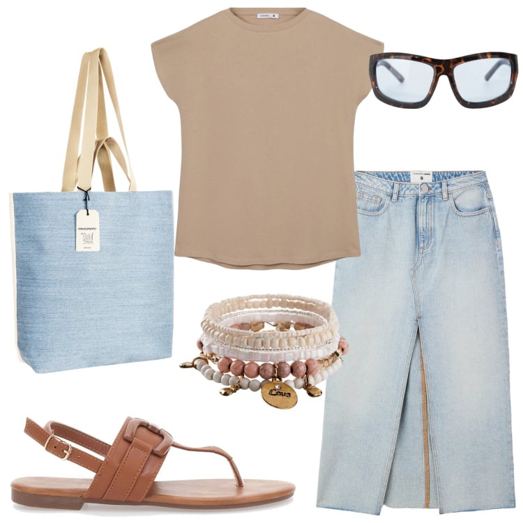Outfit donna - In città. Stile Casual per Tutti i giorni. Abbinamento con braccialetti, gonne lunghe, t-shirt, borse tote, occhiali da sole, sandali.