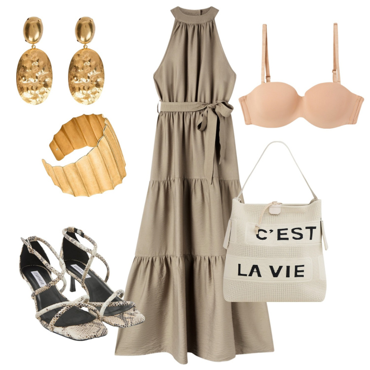 Outfit donna - Maxi dress Boho. Stile Boho per Tutti i giorni. Abbinamento con sandali col tacco, reggiseni, borse a mano, vestiti lunghi, orecchini, braccialetti.