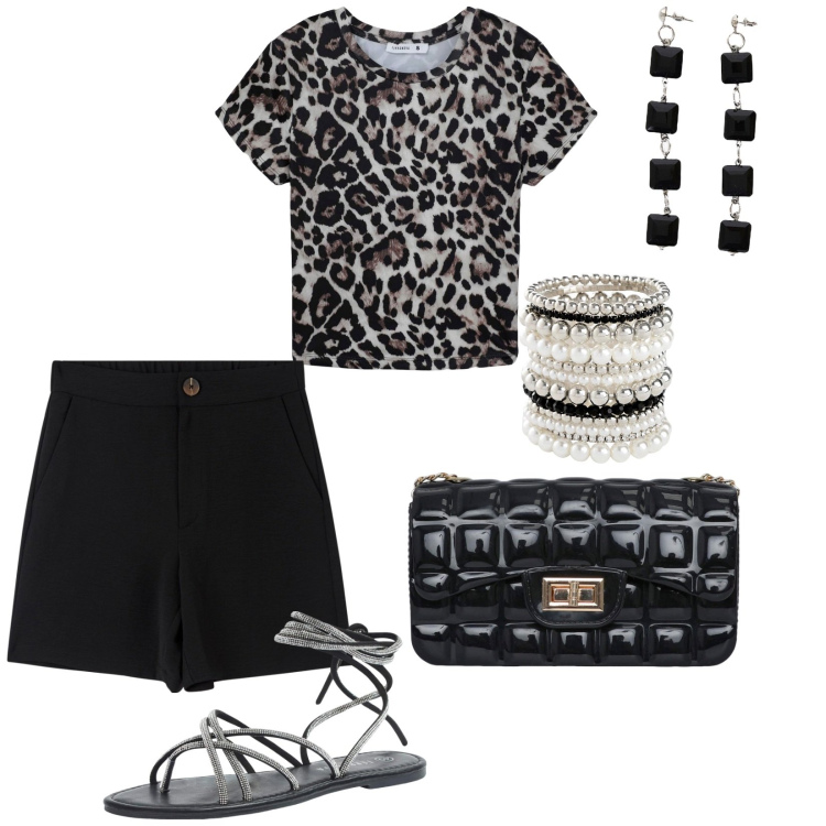 Outfit donna - Tramonto. per Serata fuori. Abbinamento con braccialetti, sandali alla schiava, t-shirt, bermuda, borse a tracolla, orecchini.
