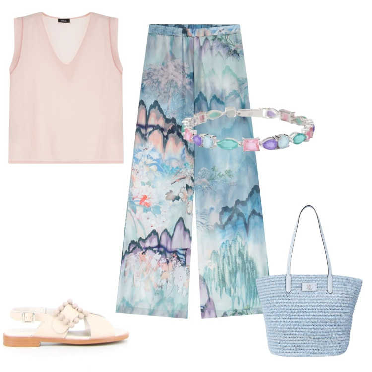 Outfit donna - Fresca come una farfalla. Stile Casual per Tutti i giorni. Abbinamento con braccialetti, pantaloni, top, borse tote, sandali.