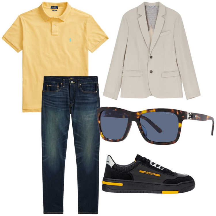 Outfit uomo - A lavoro. per Ufficio. Abbinamento con giacche, polo, jeans, occhiali da sole, sneakers.