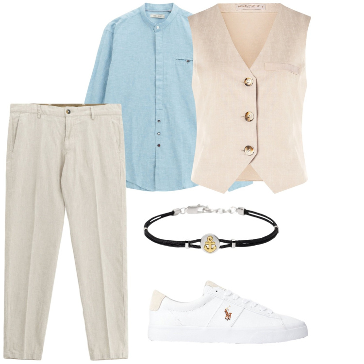 Outfit uomo - Matrimonio sull\' isola. per Cerimonia. Abbinamento con braccialetti, gilet, camicie, pantaloni chino, sneakers.