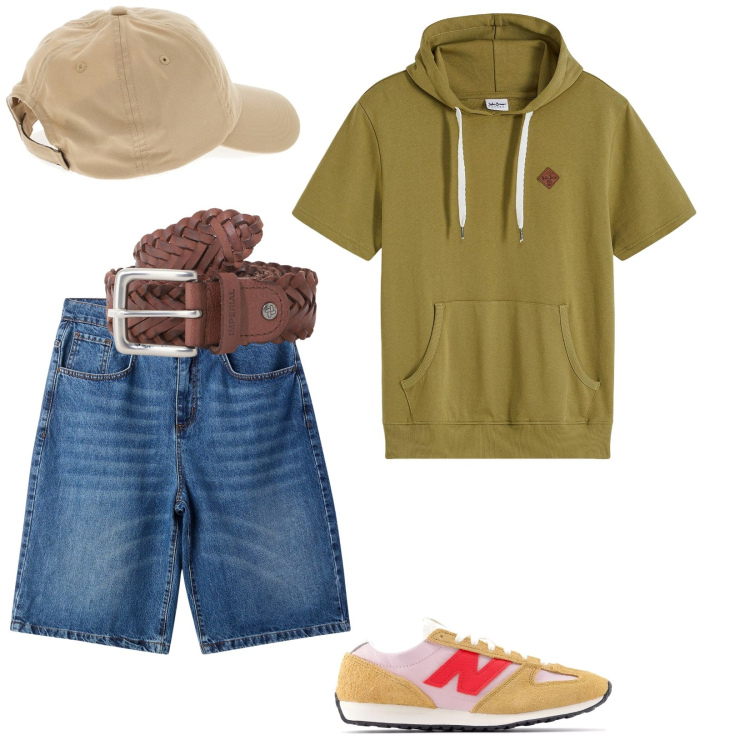 Outfit uomo - Urban. per Tutti i giorni. Abbinamento con felpe con cappuccio, bermuda, sneakers, cinture, cappelli.