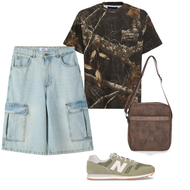 Outfit uomo - Vacanze. per Mare. Abbinamento con bermuda, portafogli, t-shirt, sneakers.