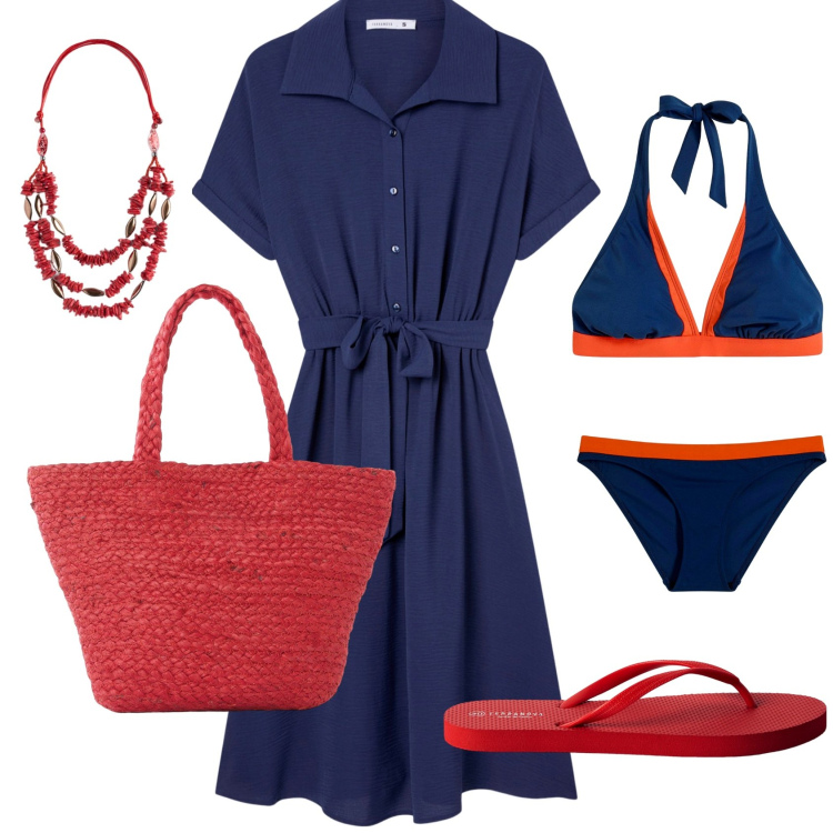 Outfit donna - Bleu. Stile Glamour Abbinamento con bikini, shopping bag, vestiti chemisier, infradito, collane.