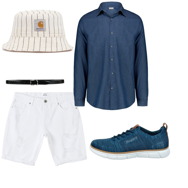 Outfit uomo - Sul molo. per Mare. Abbinamento con cinture, bermuda, sneakers, camicie, cappelli.