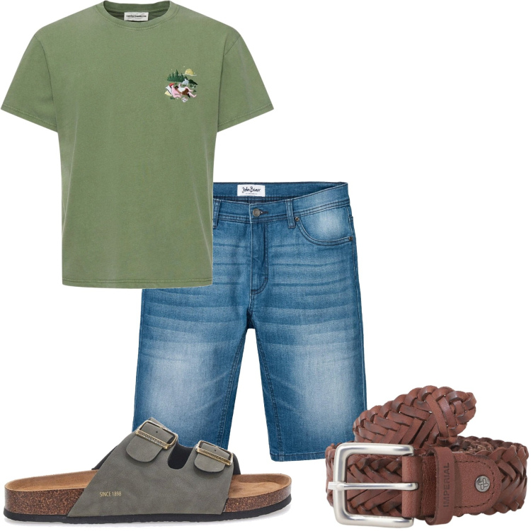 Outfit uomo - La giornata fuori casa. Stile Urban per Tutti i giorni. Abbinamento con bermuda, cinture, sandali, t-shirt.