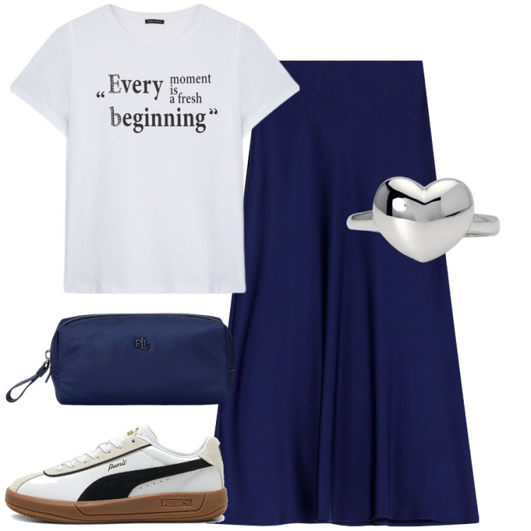 Outfit donna - Fresh beginning. Stile Urban per Tutti i giorni. Abbinamento con anelli, gonne lunghe, pochette, t-shirt, sneakers.