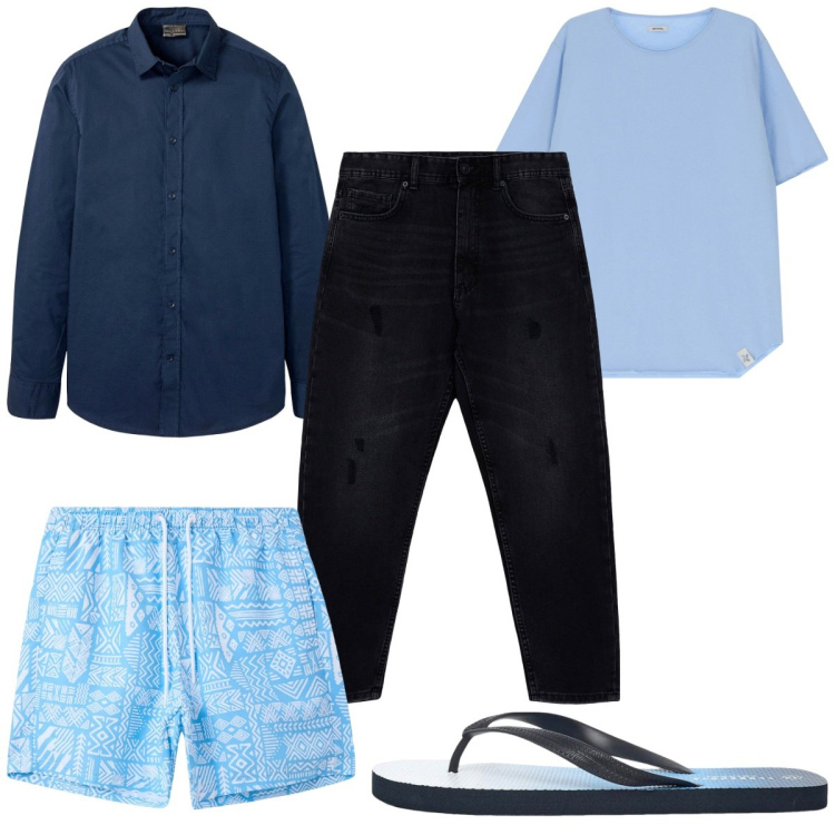 Outfit uomo - Total look #2184439. Stile Trendy per Mare. Abbinamento con camicie, sandali, jeans strappati, costumi, t-shirt.
