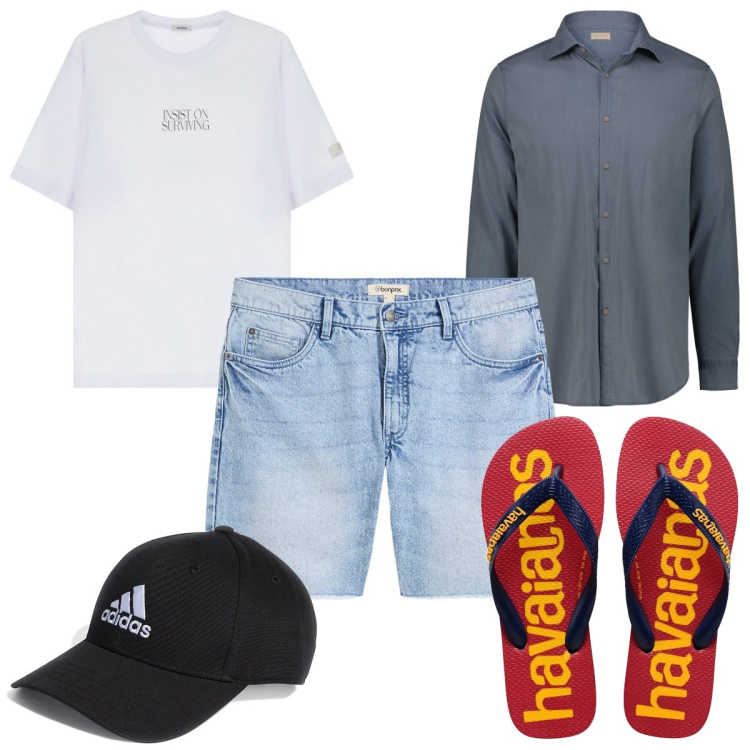 Outfit uomo - Total look #2184440. Stile Trendy per Mare. Abbinamento con bermuda, t-shirt, cappelli con visiera, sandali, camicie.