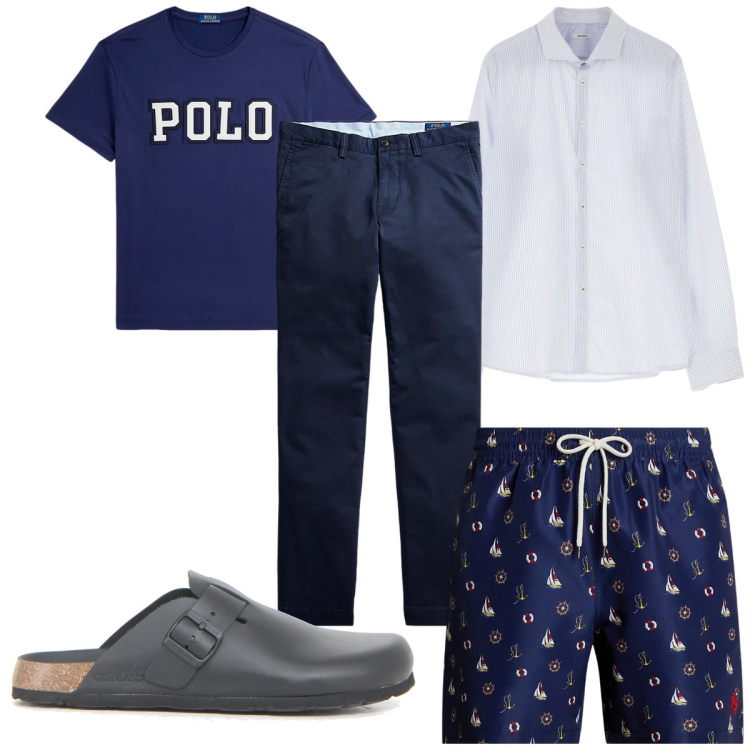 Outfit uomo - Total look #2184442. Stile Trendy per Mare. Abbinamento con camicie, pantaloni, t-shirt, costumi, sandali.