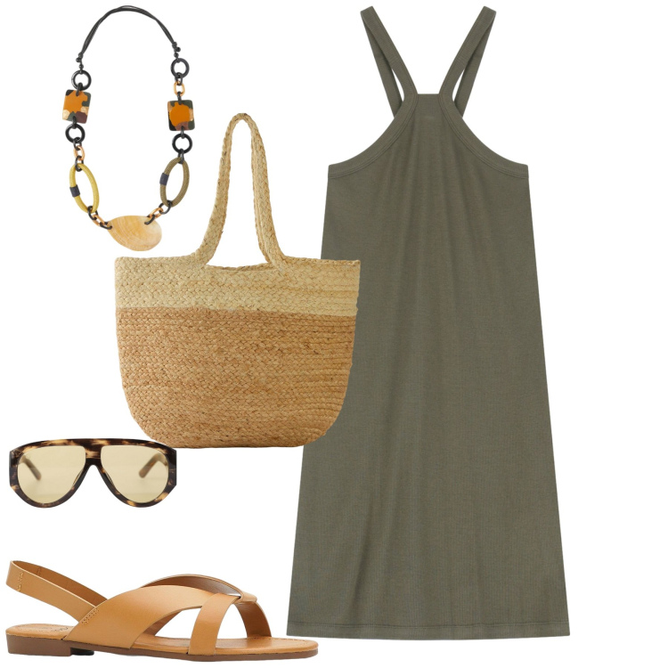 Outfit donna - Al mare. Stile Casual per Mare. Abbinamento con sandali, shopping bag, occhiali da sole, vestiti corti, collane.