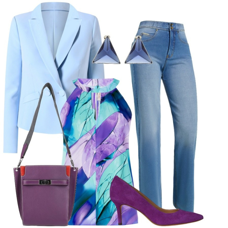 Outfit donna - Viola estivo. Stile Casual chic per Ufficio. Abbinamento con orecchini, borse a spalla, top, blazer, jeans, décolleté.