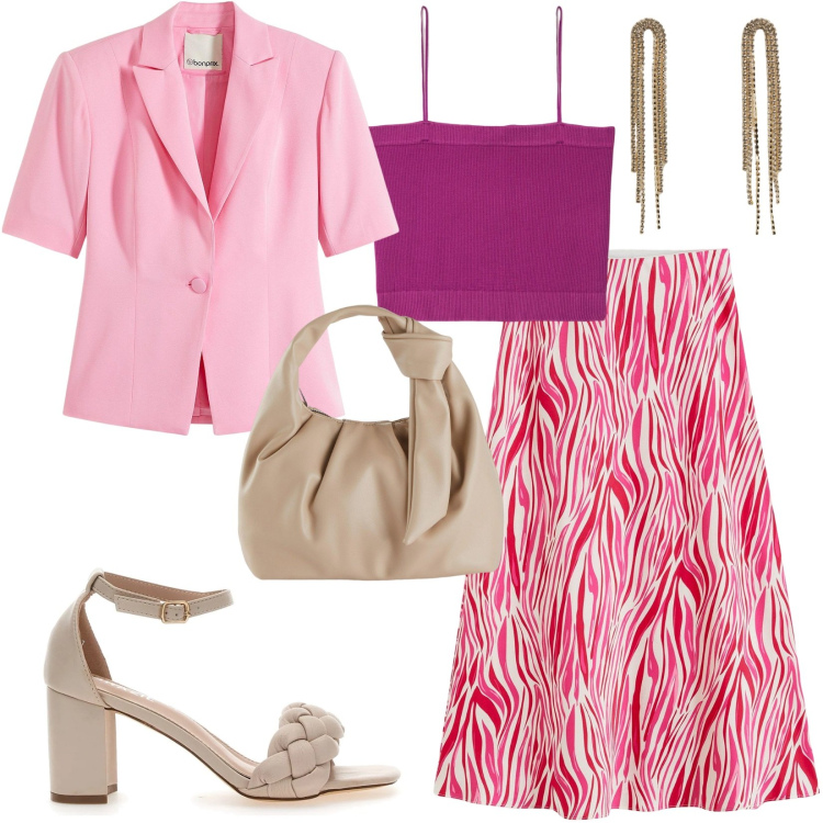 Outfit donna - Outfit versatile. Stile Bon Ton per Ufficio. Abbinamento con gonne longuette, blazer, borse a mano, canottiere, orecchini, sandali col tacco.