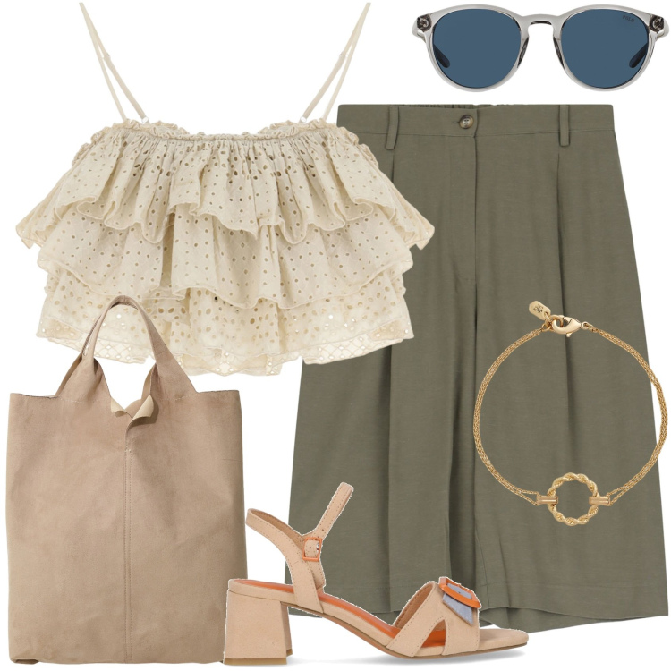 Outfit donna - Dixie outfit a Positano. Stile Casual chic per Tutti i giorni. Abbinamento con shorts, top, shopping bag, occhiali da sole, braccialetti, sandali col tacco.