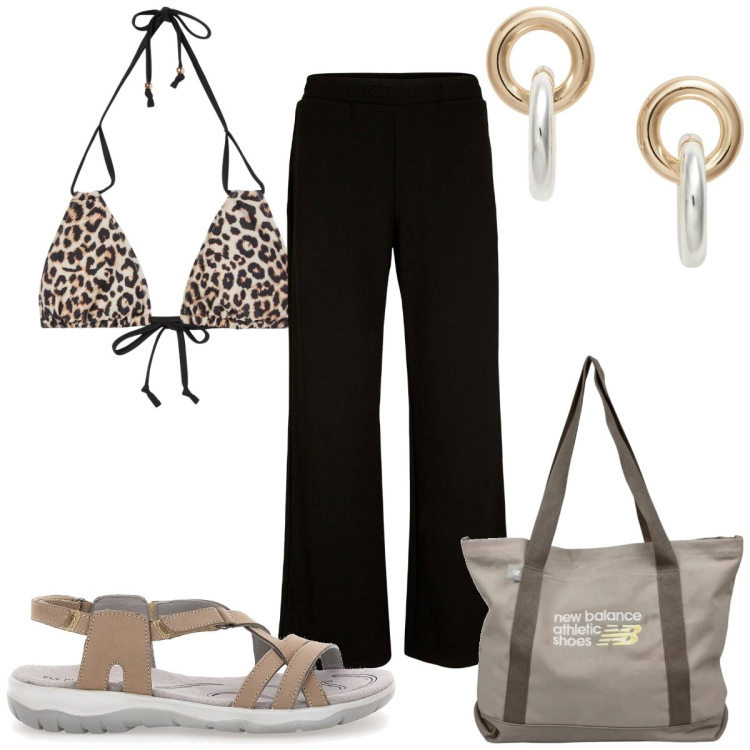 Outfit donna - Total look #2184456. Stile Trendy per Mare. Abbinamento con pantaloni a palazzo, bikini, shopping bag, orecchini, sandali.