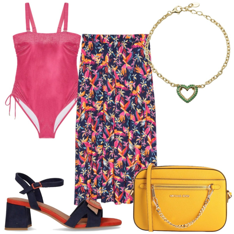 Outfit donna - Total look #2184457. Stile Trendy per Mare. Abbinamento con borse a tracolla, braccialetti, sandali col tacco, costumi interi, gonne lunghe.