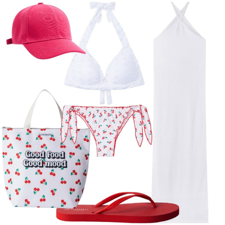 Outfit donna - Good food - Good mood. Stile Basic per Mare. Abbinamento con vestiti lunghi, bikini, infradito, borse tote, bikini, cappelli.