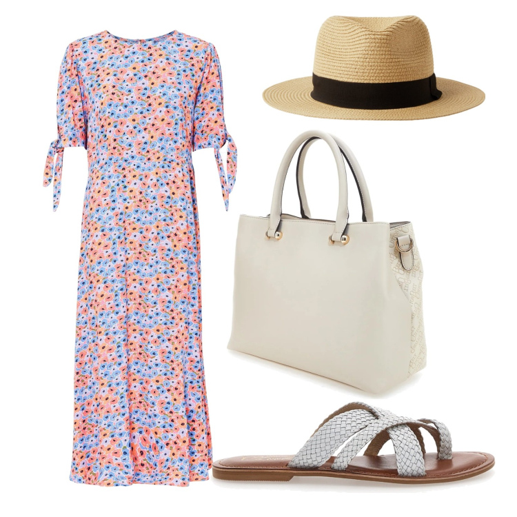 Outfit donna - Il capello in città. per Tutti i giorni. Abbinamento con vestiti midi/longuette, cappelli, ciabatte, borse a tracolla.