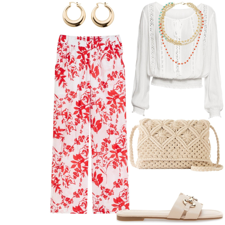 Outfit donna - Total look #2184462. Stile Boho per Tutti i giorni. Abbinamento con borse a tracolla, pantaloni, bluse, orecchini, collane, ciabatte.