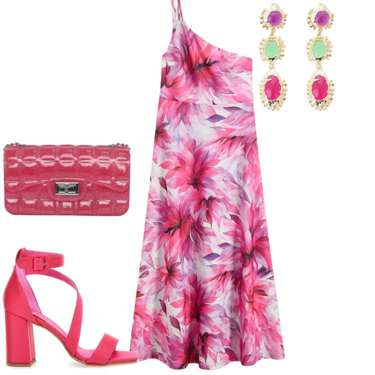 Outfit donna - Total look #2184463. Stile Trendy per Tutti i giorni. Abbinamento con vestiti asimmetrici, borse a tracolla, orecchini, sandali col tacco.
