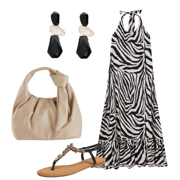 Outfit donna - Serata con Terranova. Stile Glamour per Serata fuori. Abbinamento con borse a mano, vestiti lunghi, sandali gioiello, orecchini.