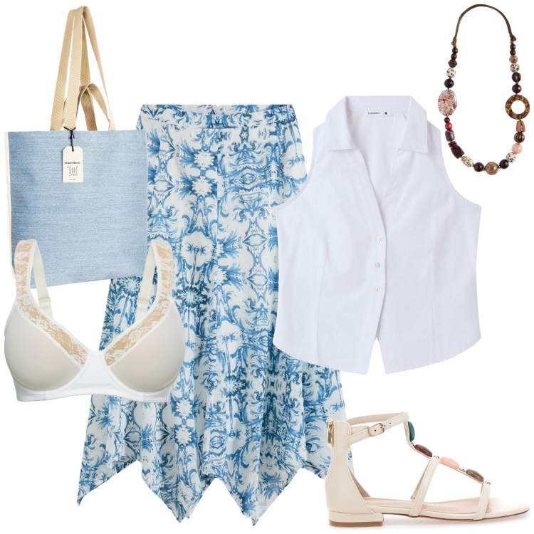 Outfit donna - Total look #2184465. Stile Casual per Tutti i giorni. Abbinamento con gonne, reggiseni, camicie, borse tote, collane, sandali gioiello.