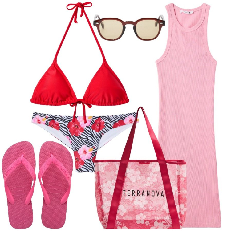 Outfit donna - In spiaggia con stile. Stile Basic per Mare. Abbinamento con vestiti corti, shopping bag, bikini, bikini, occhiali da sole, ciabatte.