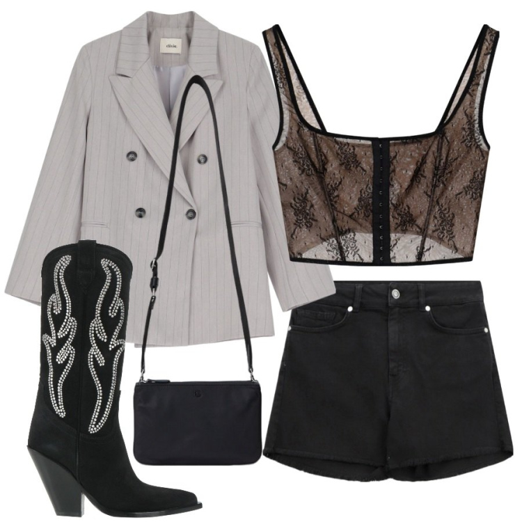 Outfit donna - Teenager. Stile Urban per Serata fuori. Abbinamento con stivali, top, shorts, blazer, borse a tracolla.