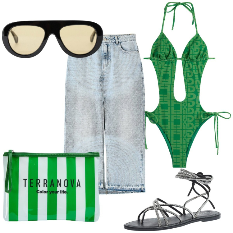 Outfit donna - Total look #2184470. Stile Trendy per Mare. Abbinamento con sandali alla schiava, gonne lunghe, pochette, occhiali da sole, costumi interi.