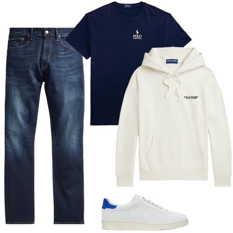 Outfit uomo - Total look #2184471. Stile Casual per Tutti i giorni. Abbinamento con jeans, t-shirt, felpe con cappuccio, sneakers.