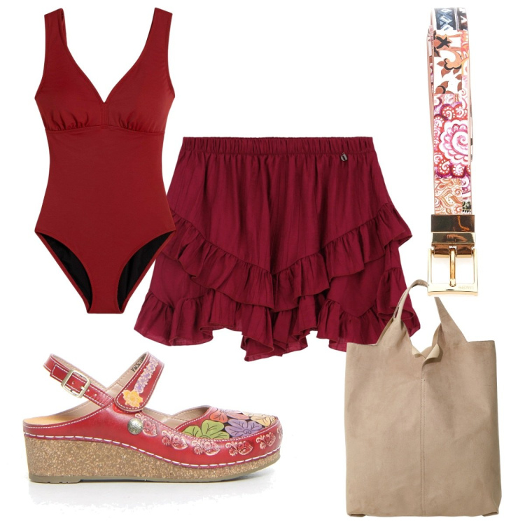 Outfit donna - Total look #2184473. Stile Trendy per Mare. Abbinamento con costumi interi, shopping bag, minigonne, sandali, cinture.