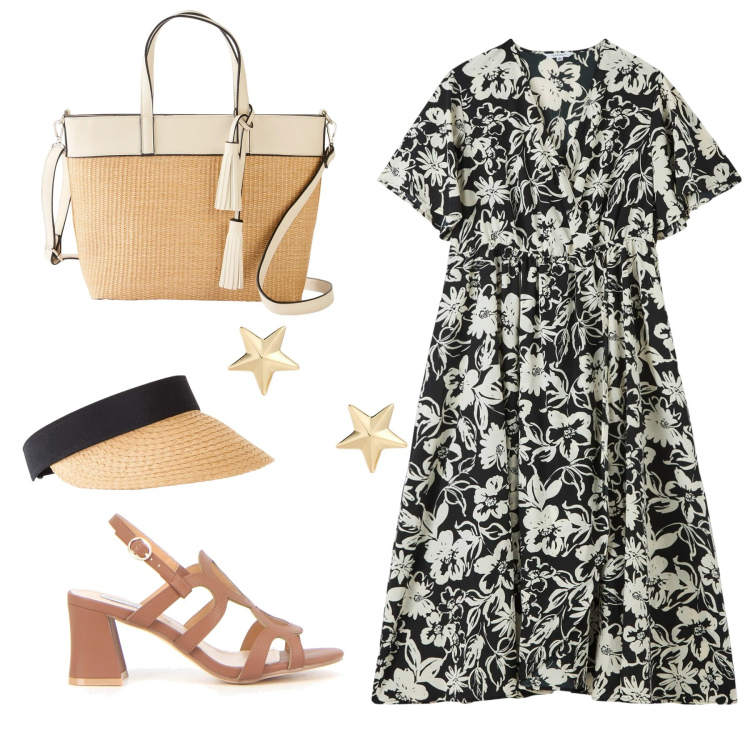 Outfit donna - Abito fantasia floreale. Stile Romantica per Tutti i giorni. Abbinamento con shopping bag, cappelli con visiera, vestiti lunghi, orecchini, sandali col tacco.