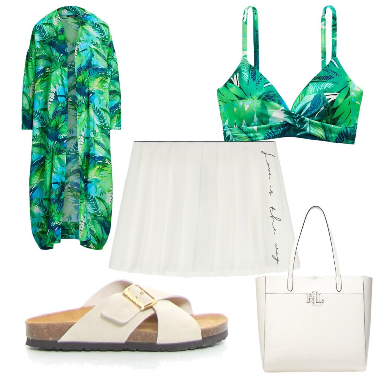 Outfit donna - Total look #2184475. Stile Trendy per Mare. Abbinamento con minigonne, borse tote, bikini, vestiti da spiaggia, ciabatte.