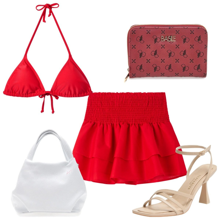 Outfit donna - Total look #2184476. Stile Trendy per Mare. Abbinamento con minigonne, sandali col tacco, bikini, portafogli, borse a spalla.