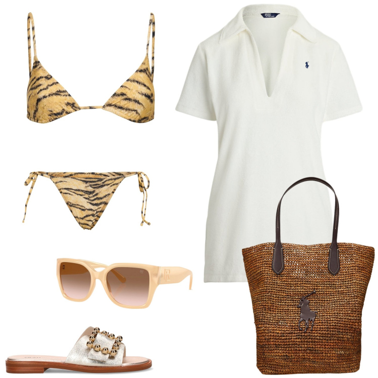 Outfit donna - Giornata al mare. Stile Casual per Mare. Abbinamento con occhiali da sole, vestiti da spiaggia, borse tote, bikini, bikini, ciabatte.